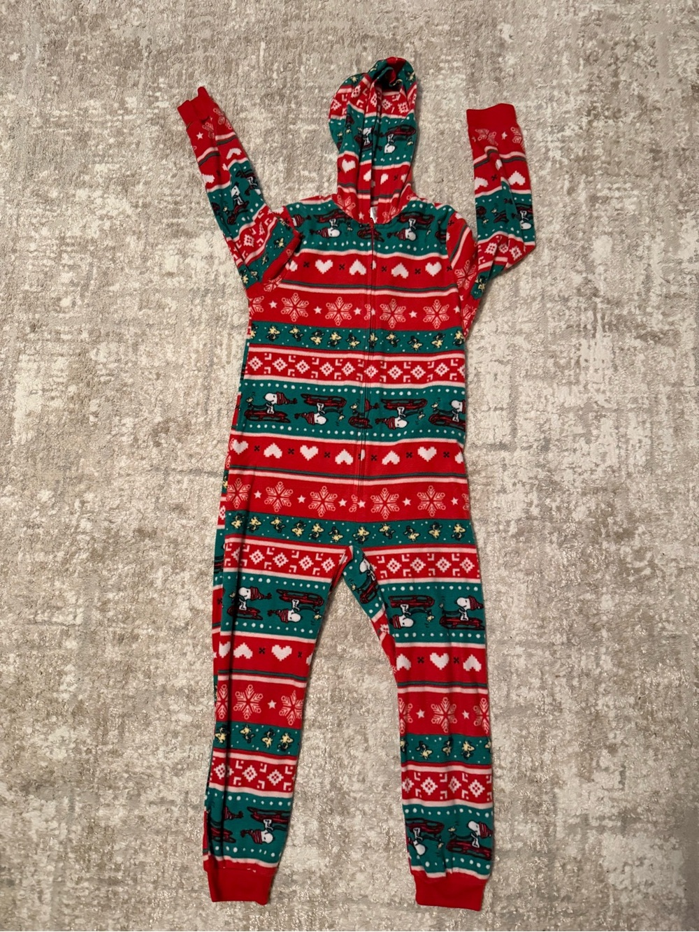 Peanuts Red & Green Holiday Hooded Kids One-Piece Pajama Romper S 6/6X